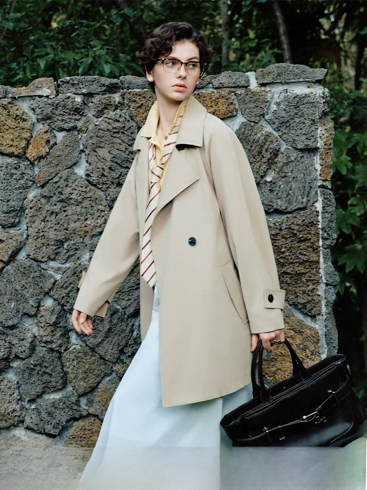 Abrigo Largo Informal Color Caqui para Mujer, Estilo Nueva Inglaterra, Cortavientos de Talla Pequeña, Prenda Exterior de Moda en Poliéster y Algodón