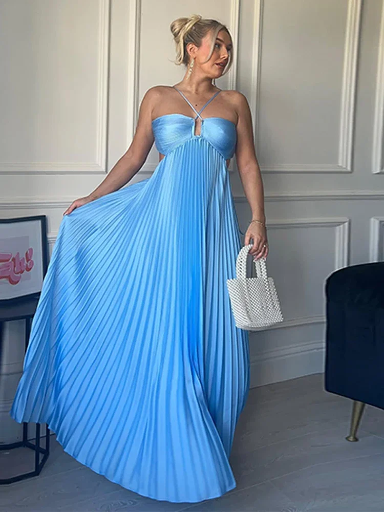 

Summer Halter Pleated Long Dress Women Backless Sleeveless Blue Beach Vacation Dresses Female 2025 Fashion Lady A-line Robes