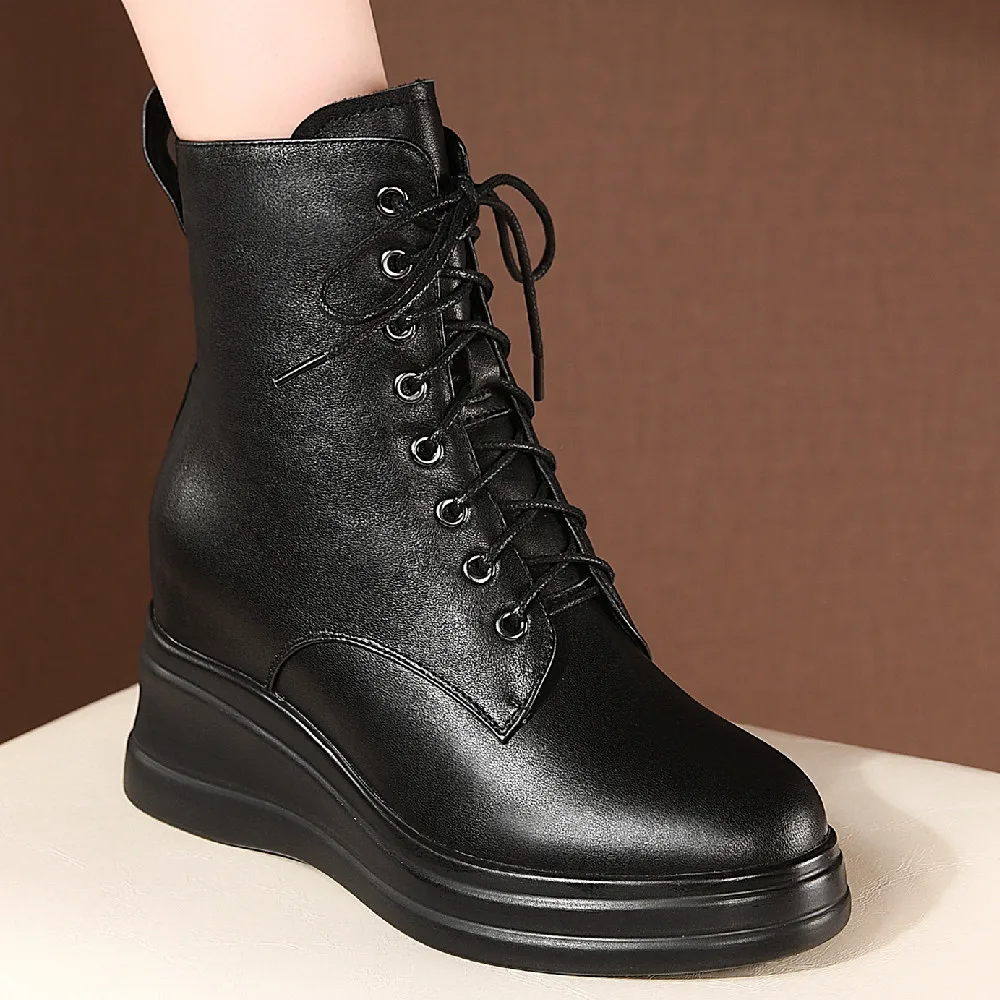 Women's genuine leather wedge platform high heel autumn ankle boots lce-up female high quality elevator short motorcycle boots