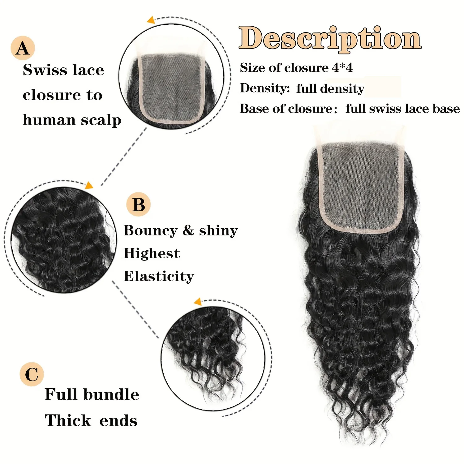 Water Wave Virgin Human Hair Extensions 3 Bundles with 4x4 Free/Middle/Three Part Lace Closure Natural Texture Hair for women