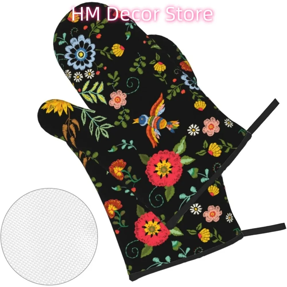 Mexican Floral Oven Mitts and Pot Holders Sets of 4, Country Style Cooking Gloves Non-Slip Heat Resistant Polyester Oven Mitts f