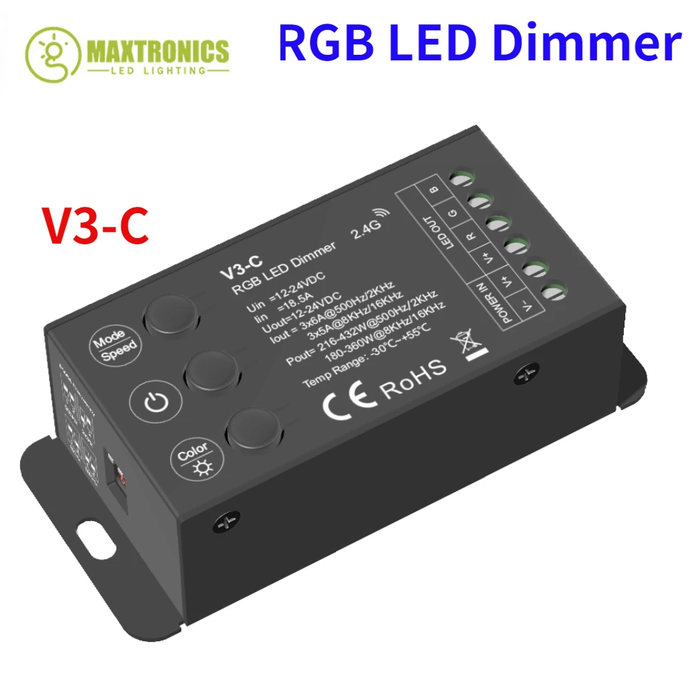 

12-24VDC V3-C RF Wireless RGB LED Dimmer 3 Buttons and 3CH*6A Constant Voltage Controller 4 PWM Frequency for RGB LED Strip