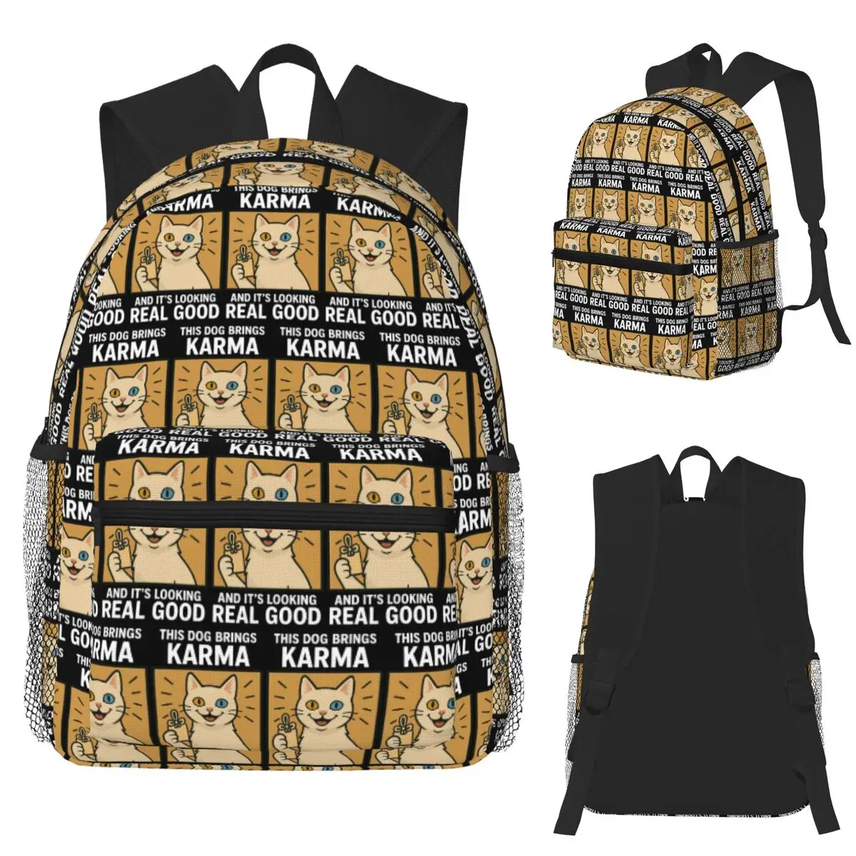 

Cute Khao Manee Cat Good Karma Lucky Mom Dad Kids Student Backpack School Bag Hiking Travel Daypack Bookbag Shoulder Bags