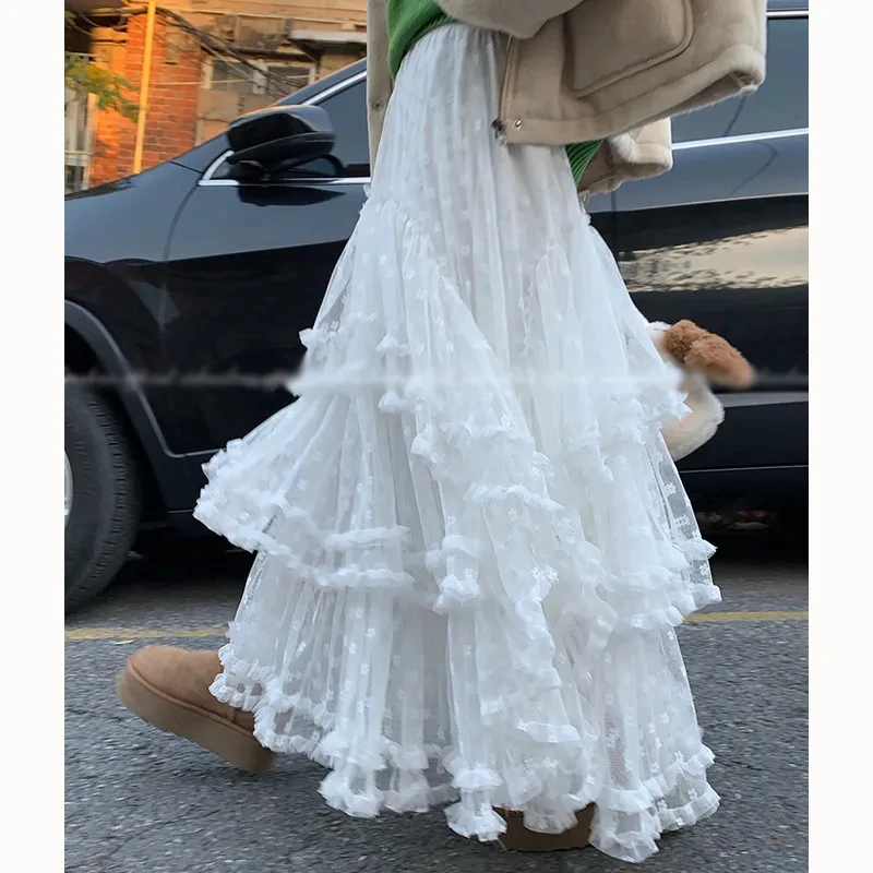 

Fairy Skirt Women Lace Spliced High Waist Design Mid Length A Line Cake Skirts French Sweet All Match Beach Chic Faldas