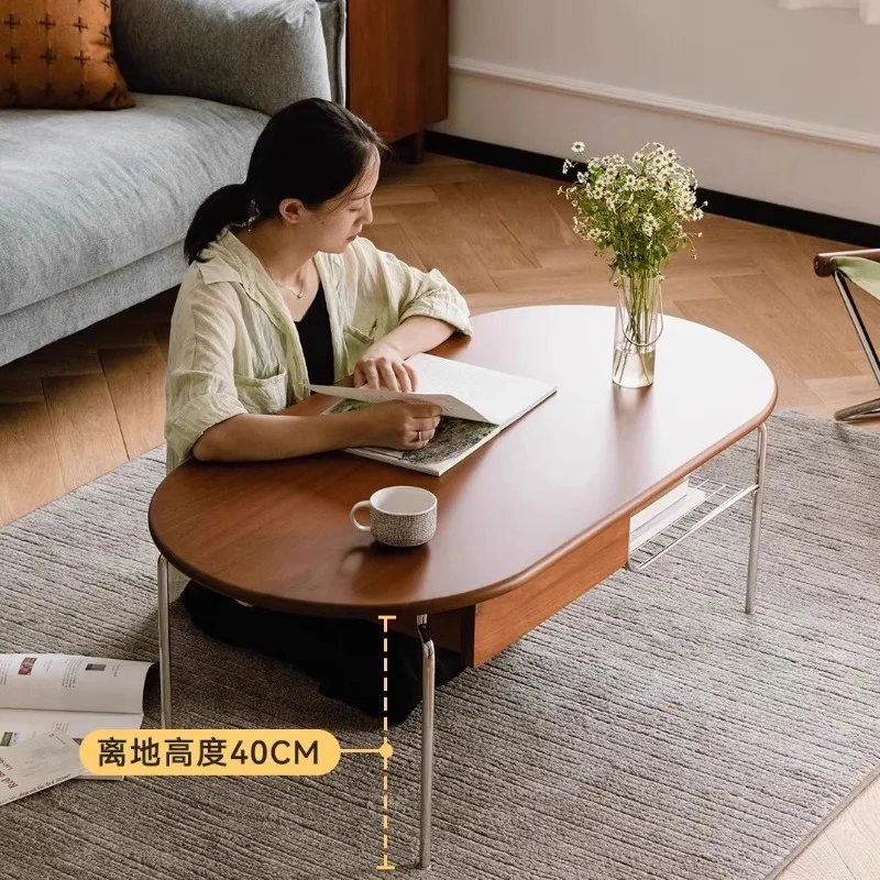 Small apartment living room solid wood coffee table minimalist Nordic ins stainless steel small table retro Japanese oval tea