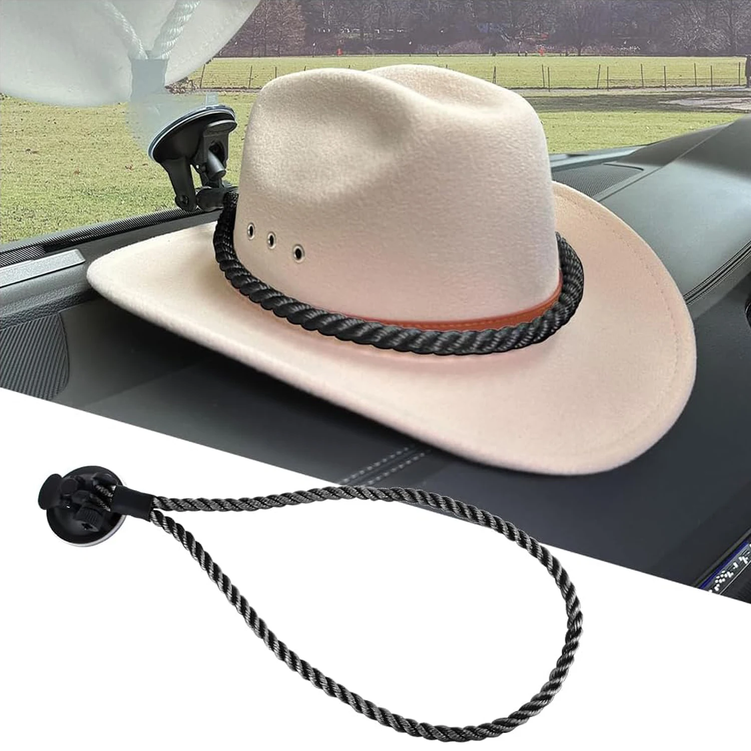 Car Dash Hat Mounts Cowboy Hat Holder Rack with Suction Cup and Handmade Rope Universal Cowboy Hat Hanger for SUV Truck Home