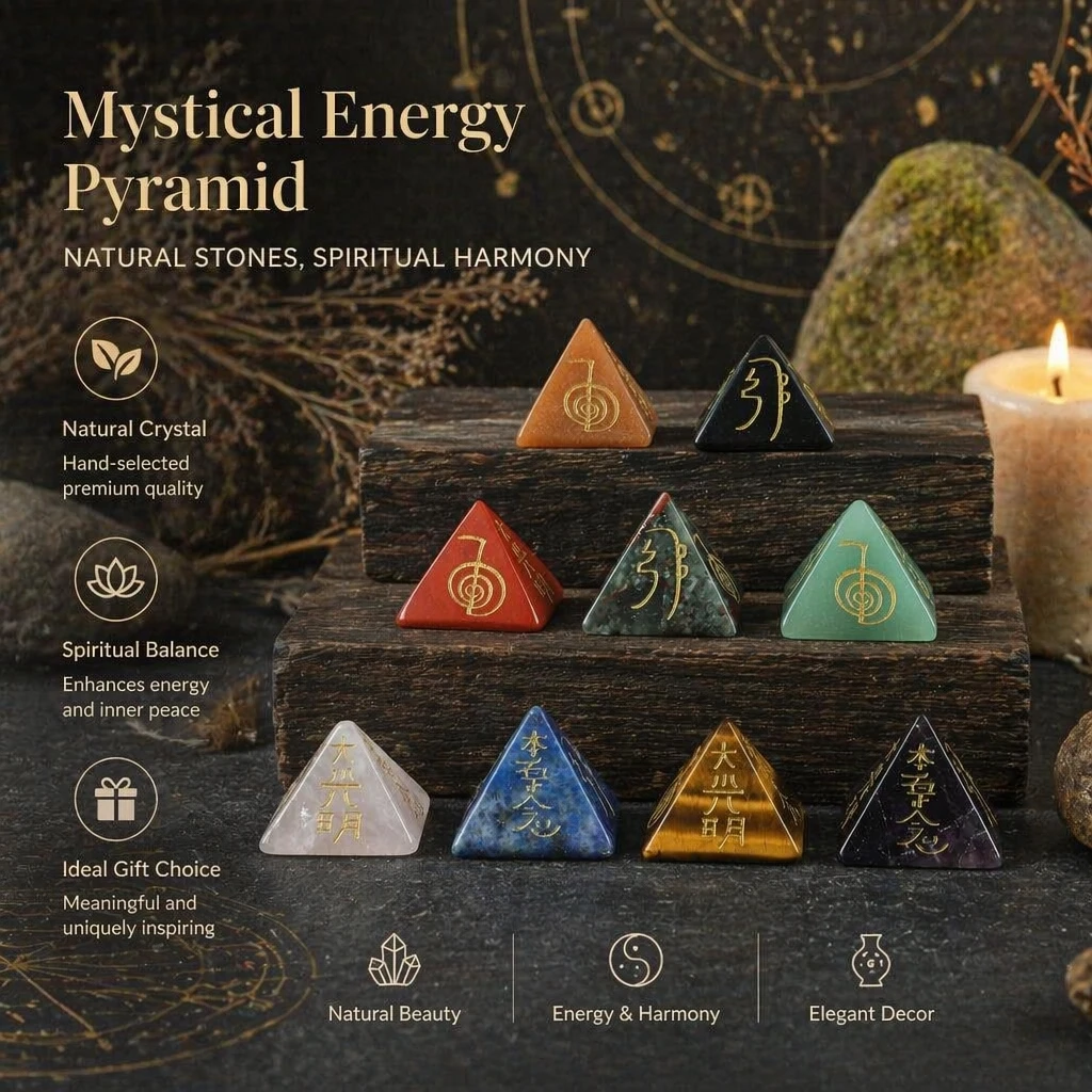 Natural Stone Reiki Symbol Pyramid Ornament Engraved Japan 4 Element Rune Piramide Decor Heal Crystal Energy Stone Yoga Jewelry