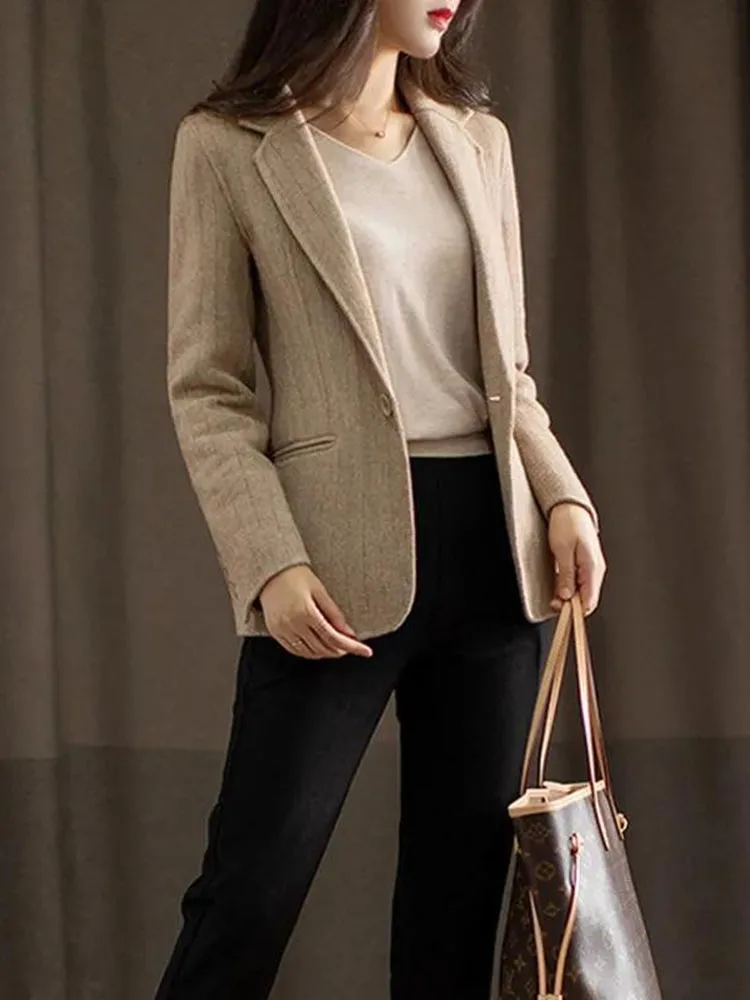 Fashion Twill Woolen Suit Jacket Women Stripe Blazers Spring Autumn Single Button Slim Coat Female Casual Office Tops Outerwear