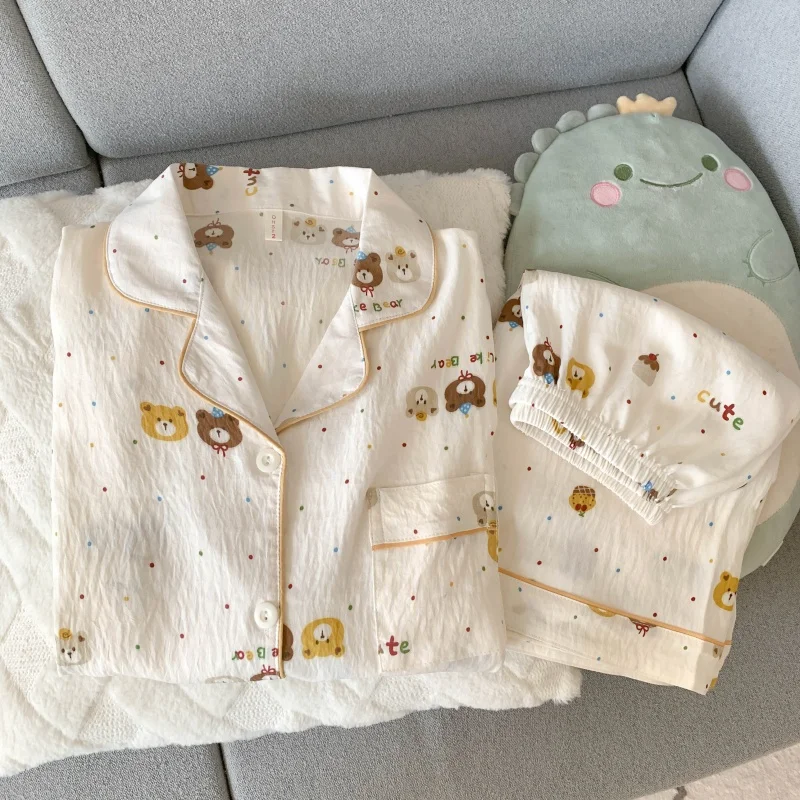 クマドットレタープリント韓国スタイルの女性のパジャマセットカジュアル Y2K 外夏の新 2025 パジャマセットファッションスイートホームウェア