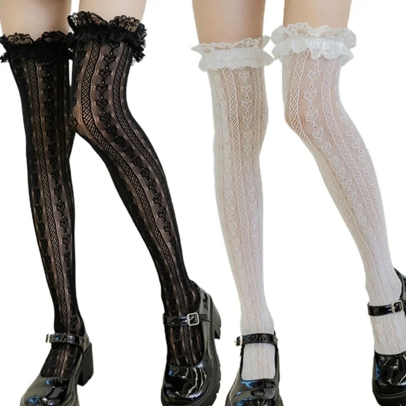 Women Lolita Fishnet Thigh High Socks Japanese Style Heart Striped Lace Patterned Over Knee Long Stockings Ruffled Frilly Kawaii