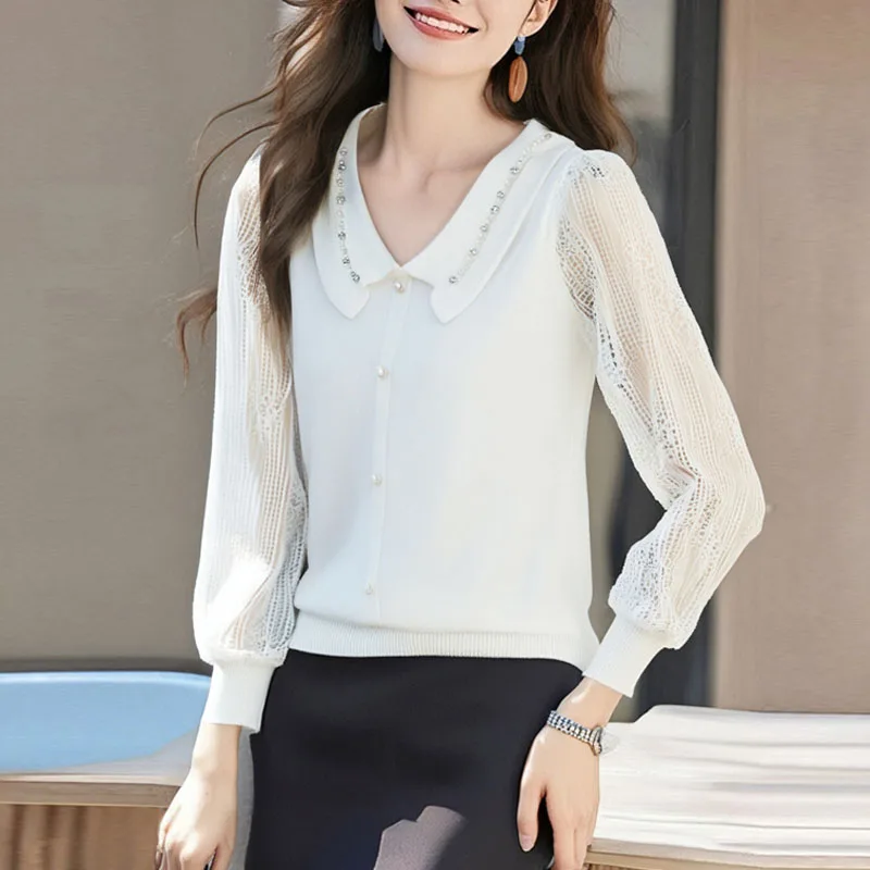 

Knitted Sweater Women Pullovers New Long Sleeve Doll Collar Beading Lace Knit Sweater Pullover Women Tops Sueters De Mujer Q3039