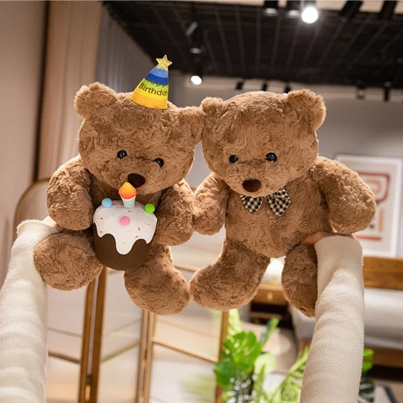 Cuddly Cake Bear Plush Toy Stuffed Dessert Bowknot Bear Pillow Kawaii Birthday Candle Cake Party Decorarion Creative Gift