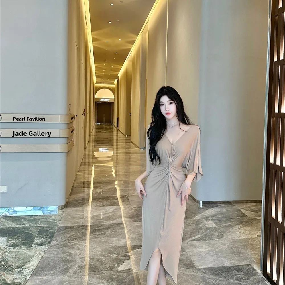 Ele Summer New V-ne Long Dr Lazy Sle Knot Design Split Women's Faion Sensation Midi Dr ملابس يومية غير رسمية