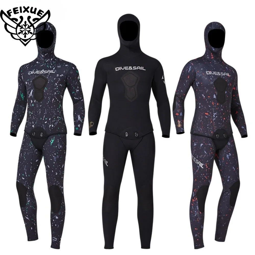 Spearfishing Wetsuits Men 3MM 5MM 7MM Neoprene CR 2-Pieces Hooded Long Sleeve Scuba Diving Full Body Keep Warm Snorkeling Suits