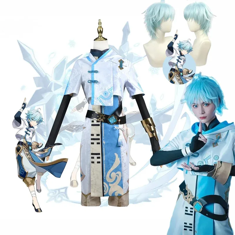 

Chongyun Genshin Impact Cosplay Costume Elastic Uniform Outfit Yun Wig Halloween Party Anime Game Fancy Dress for Men Women