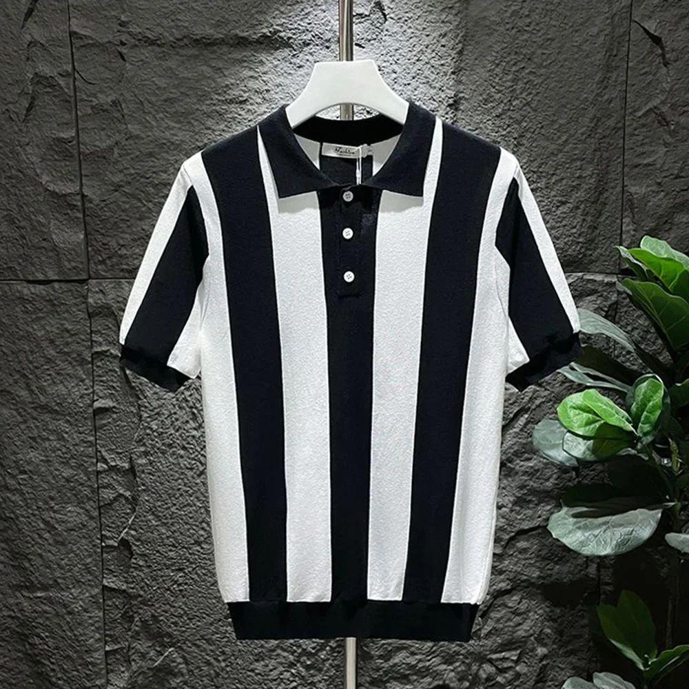 Mens Polo Shirt Summer Ice Silk Cool Feeling Retro Striped Short Sleeve Mature T-Shirt Youth Men's Slim Leisure Trend Tops 2023