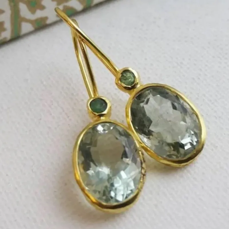 ORZTOON Fashion Creative Gold Color Oval Inlaid Green Color Crystal Hang Earrings For Women Personal Birthday Party Earrings