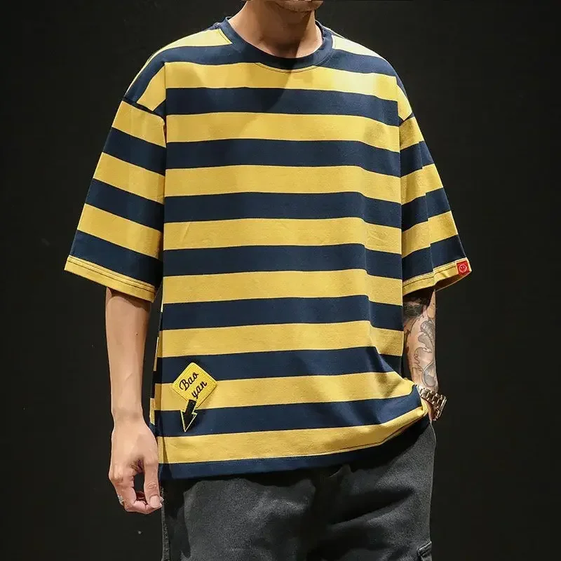 

T Shirt For Men Oversized Man Tee Shirts Loose Baggy Top Striped Yellow Hot Casual Trend Short Quarter Sleeve New In Harajuku