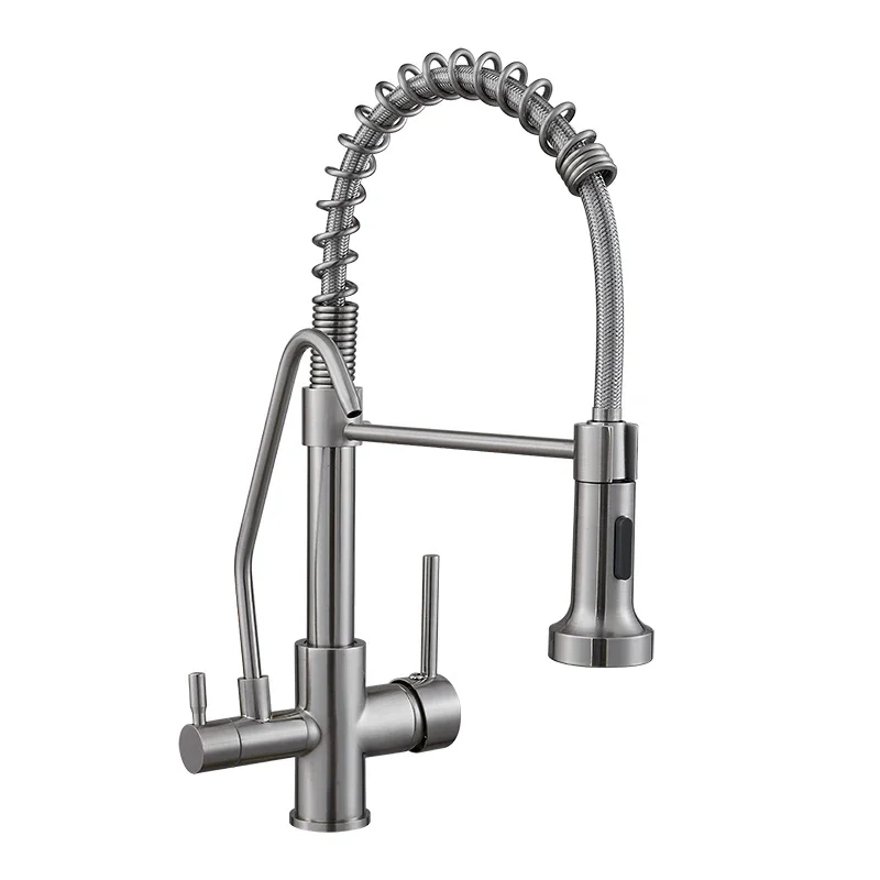 Nickel Spring Pull Down Kitchen Faucet Dual Spouts 360 Swivel Handheld Shower Kitchen Mixer Crane Hot Cold 2 Outlet Spring Taps