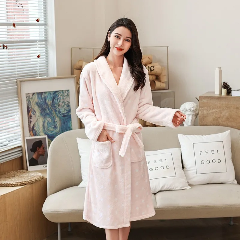 Winter Long Bathrobe Women Fluffy Warm Ladies Bath Robe With Sashes Soft Kimono Dressing Gown Pink Comfortable Sleepwear Female