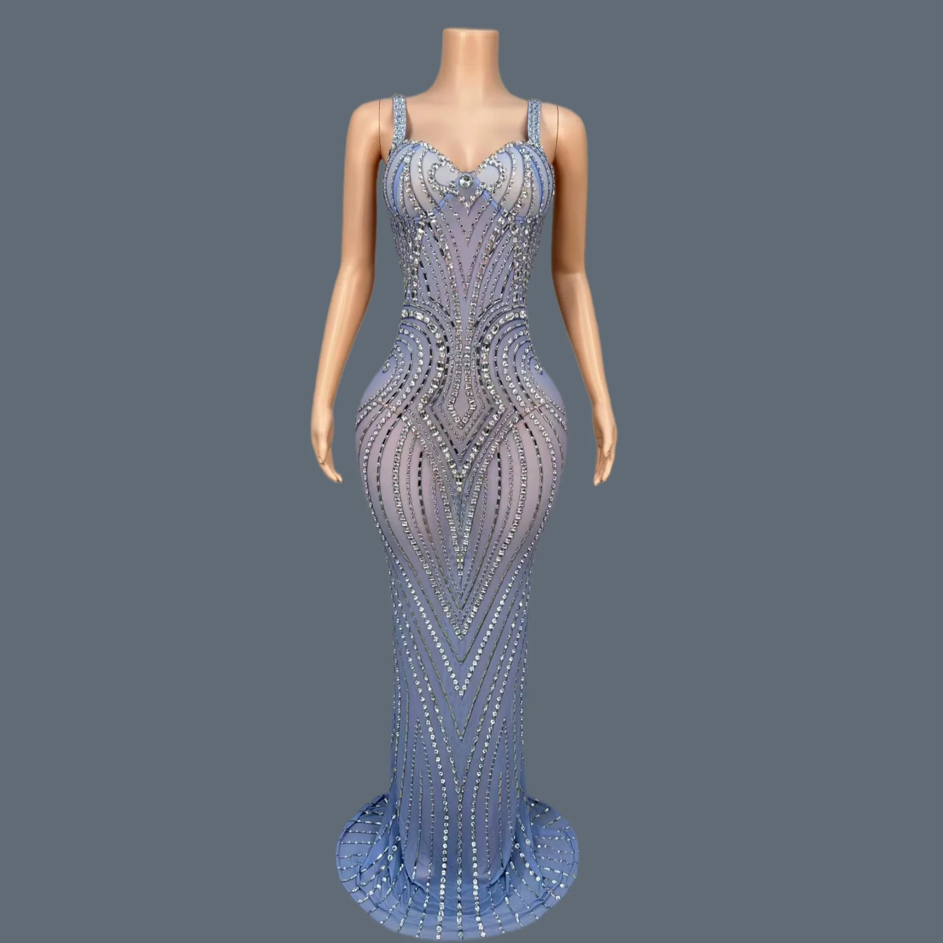 

Sparkly Rhinestone Elegant Evening Gown Birthday Women Cocktail Party Outfit Gala Prom Formal Sexy Mesh Blue Long Dresses Yuhui