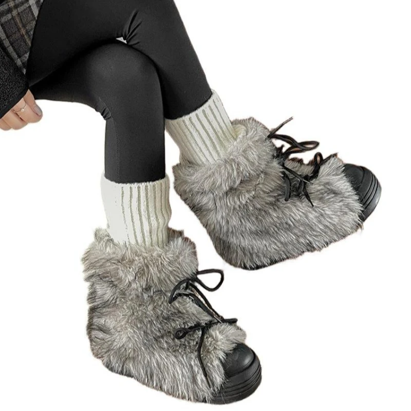 Bow Platform Women Snow Ankle Boots Fur Designer Fashion Short Plush Flats Cotton Shoes Trend Warm Cozy Winter Botas Mujer