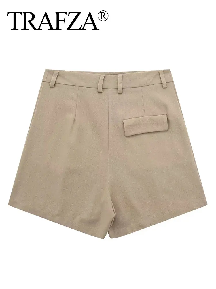 TRAFZA Summer Women Casual Shorts With Pockets Zipper Fly High Waist Linen Blend Shorts Vintage Solid Female Short Pants Mujer