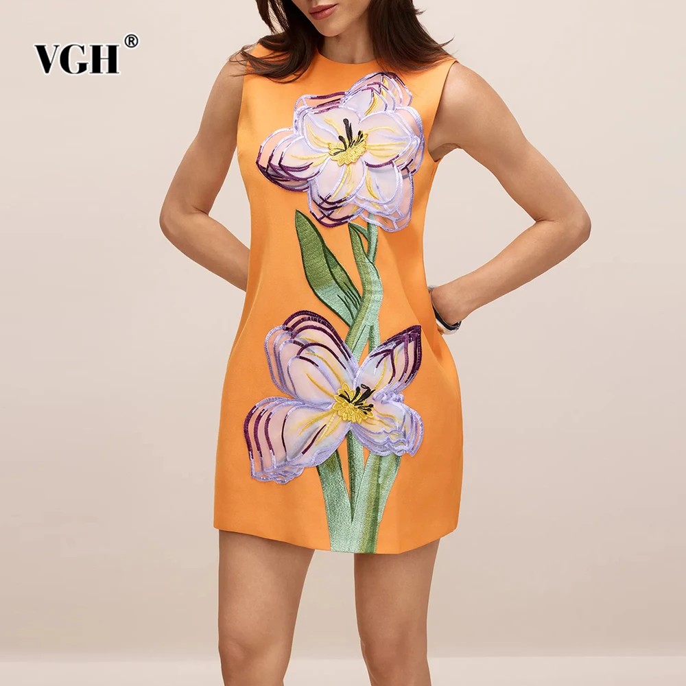 

VGH Designer Loose Spliced Appliques Mini Dresses For Women Round Neck Sleeveless High Waist Elegant Dress Female Fashion New