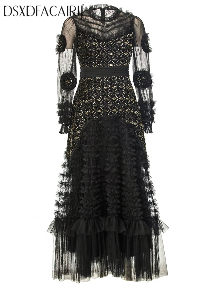 DSXDFACAIRIJ فستان ماكسي نسائي برقبة دائرية ترتر مطرز بأكمام واسعة وكشكشة فستان شبكي عتيق لأزياء الخريف