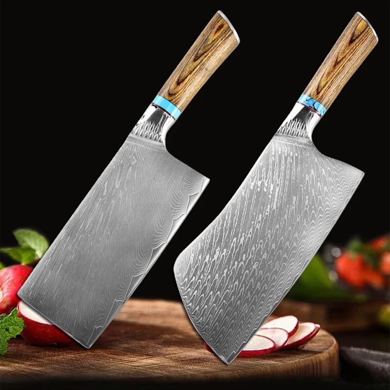 Damascus Steel Cleaver Chinese Kitchen Slicer Bone Chopping Knife Butcher Knife Vegetable Meat Cutting Chef Cooking Tools