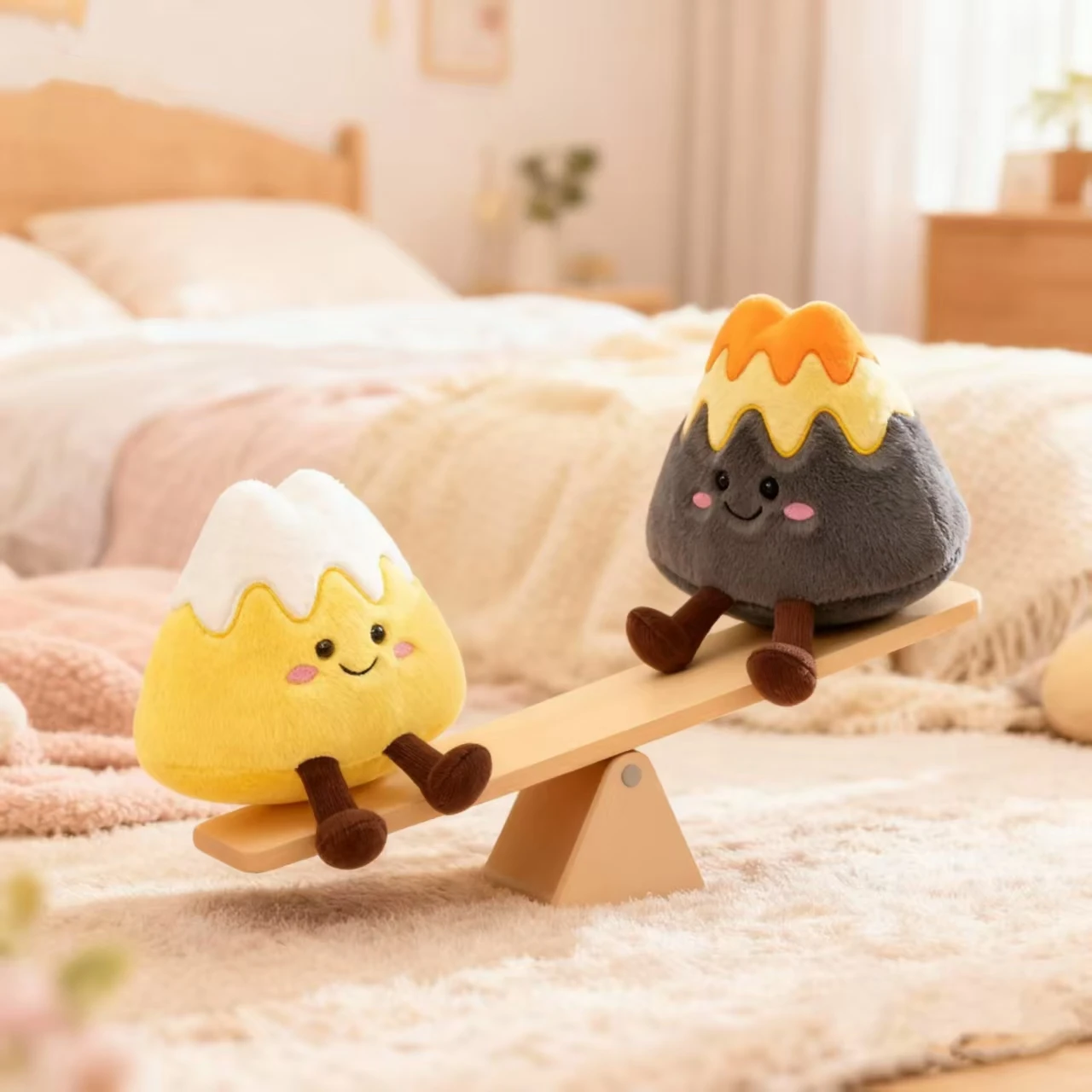 Cute Anthropomorphic Plush Toy Figurine Featuring Gold and Silver Mountains, Snowy Peaks, and A Volcanic Theme With Fun Elements