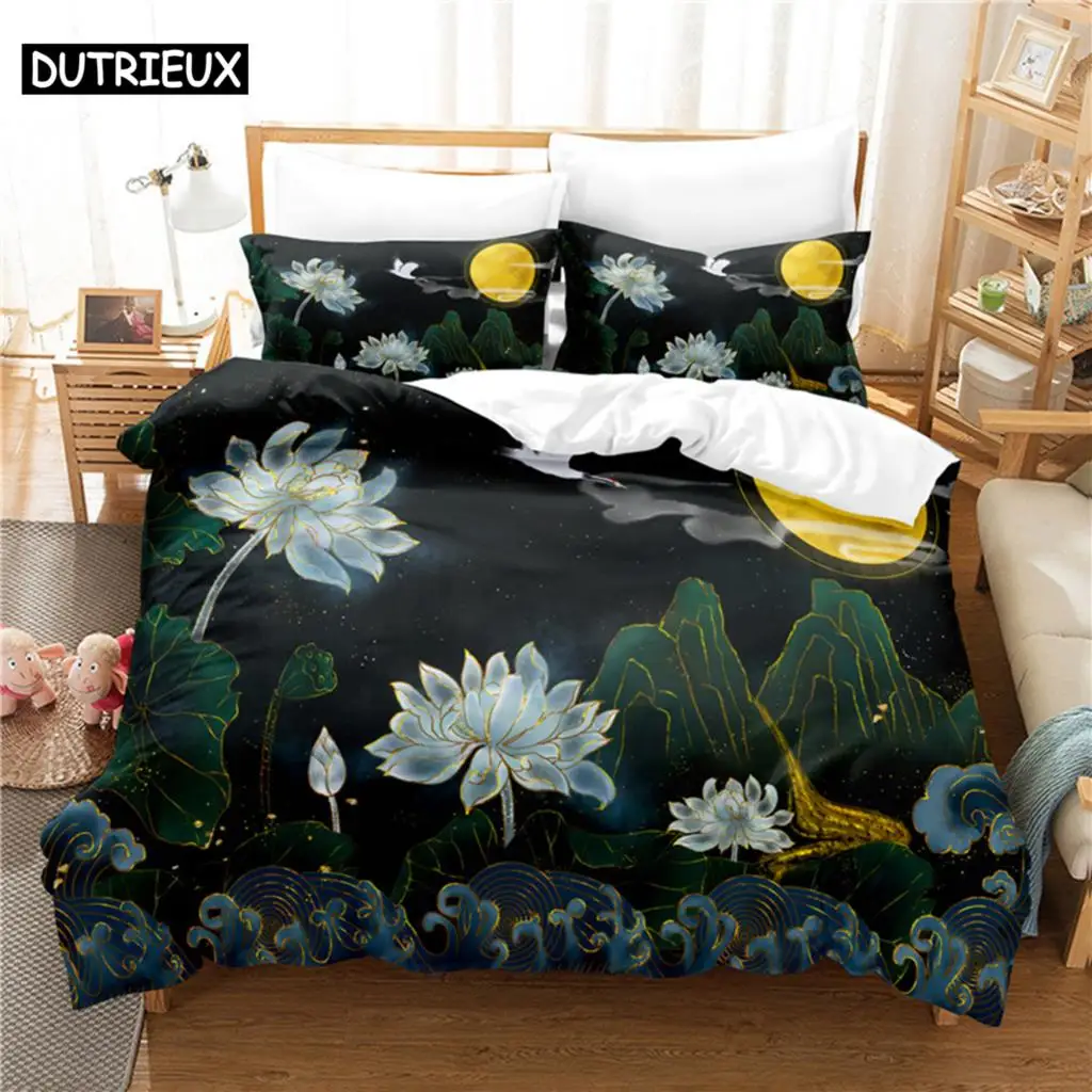 

3D Digital Printing Fashion Design Lotus Bedding Set, Queen Size Duvet Cover Set
