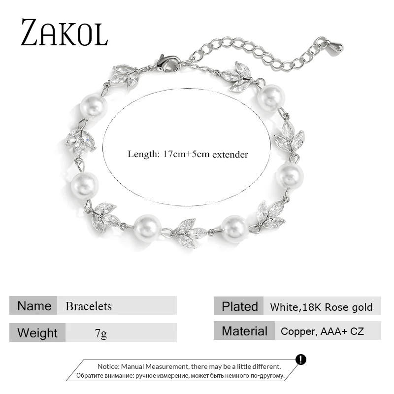 ZAKOL Korea Round Pearls Bracelets for Women Trendy Leaf Zirconia Wedding Engagement Party Jewelry