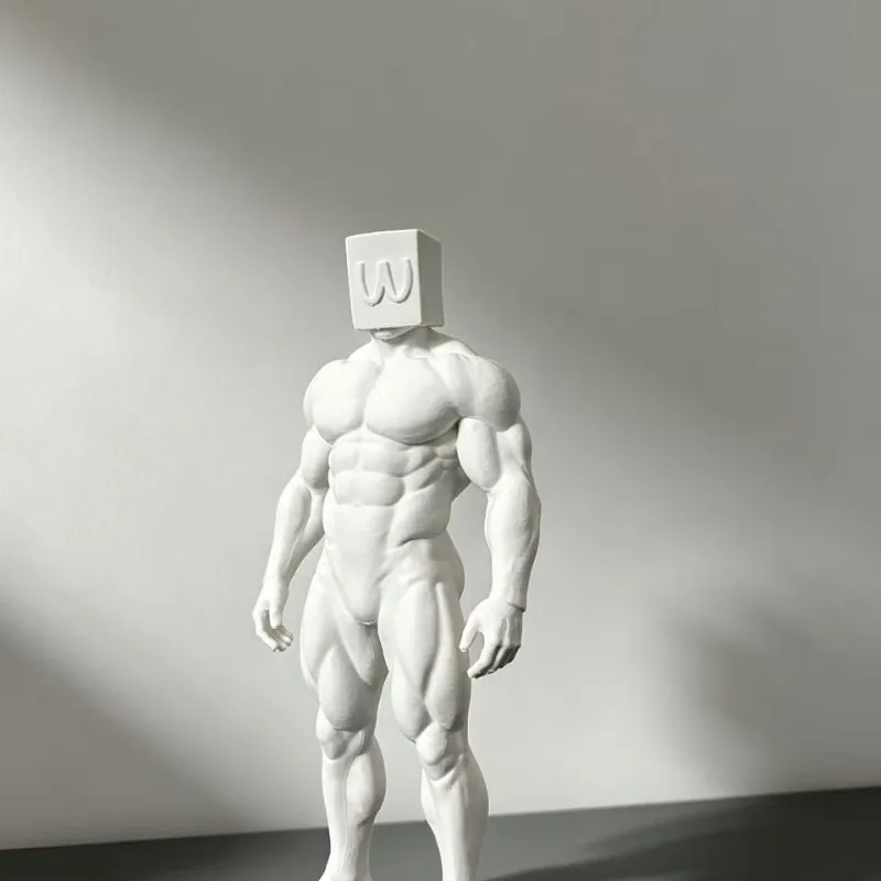 20cm Box Head Muscle Man Statue 3D Print White Mold Figure DIY Painting Desktop Art Decor Collection Display Ornament