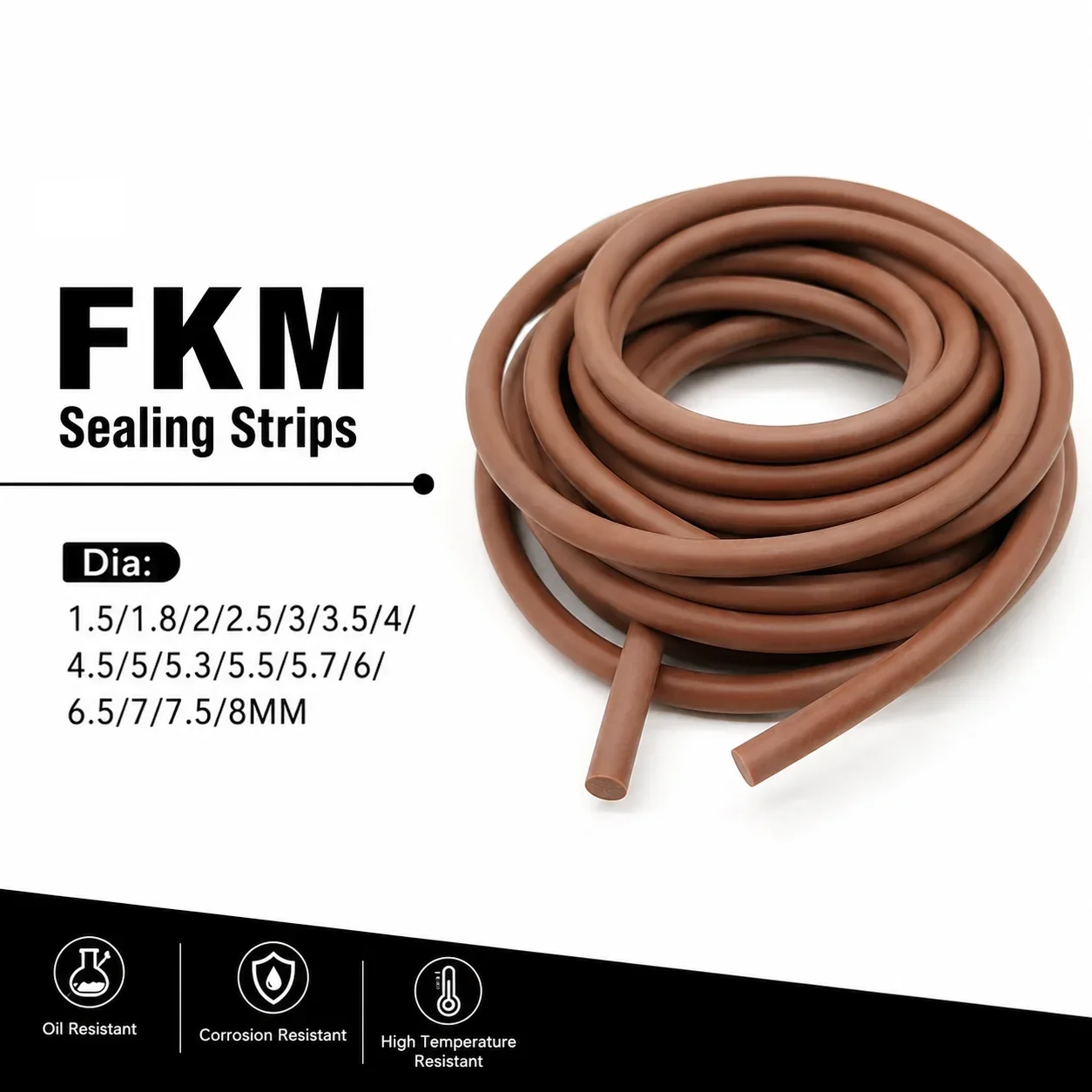 Brown Solid Fluorine Rubber Strip Dia 1 2 3 3.5 4 5 6 7 8mm O Ring Cord FKM Rubber Seal Gasket Chemical Resist High Temp& Oil