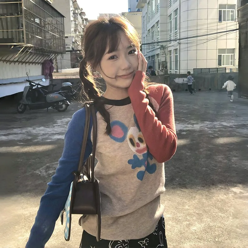 Karrram Japanese Y2k Knitted Tops Vintage Harajuku Graffiti Print Long Sleeve T-shirt 2000s Aesthetics Ribbed Patchwork Tops 90s