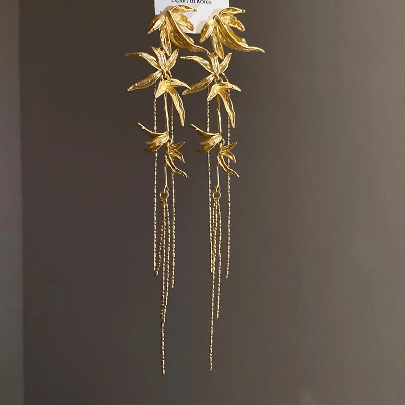 Exquisite Lotus Earrings Luxury Lotus Flower Long Drop Earrings Vintage Chinese Style Elegant Leaves Earrings Custom Packaging