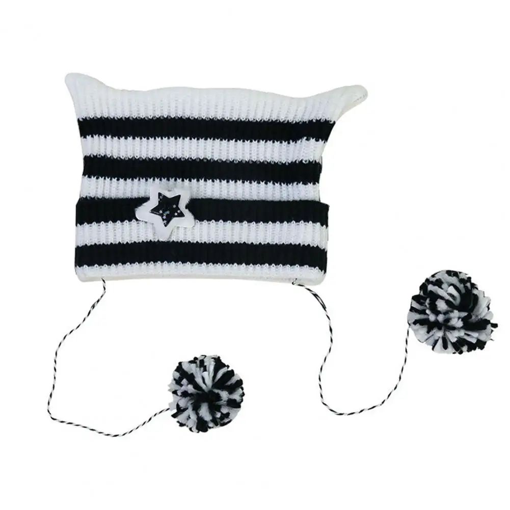 Striped Knit Beanie Striped Star Fur Ball Decor Winter Ladies Hat with Kitty Head Design Anti-slip Elastic Band for Warmth Style