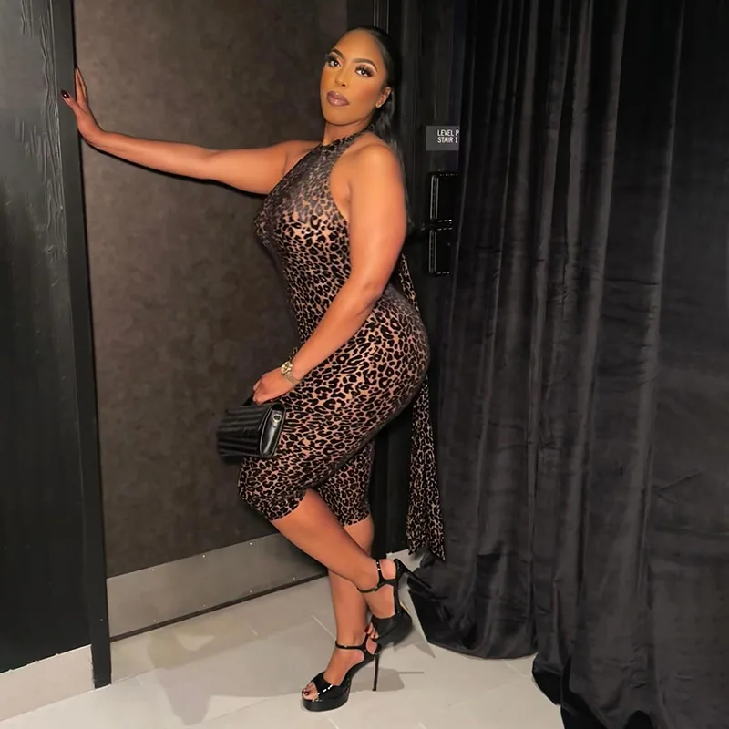 

Lace Up Halter Backless Leopard Print Calf-Length Jumpsuits Women Wild Sexy Sleeveless Peach Hips Skinny Night Club Overalls