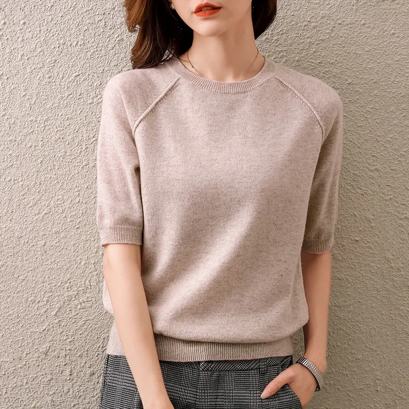 

Spring and Summer Female Sweater New Bottoming Shirt Woman O-Neck Pullover Short-sleeved Vest 100% Pure Wool Knitted T-Shirt