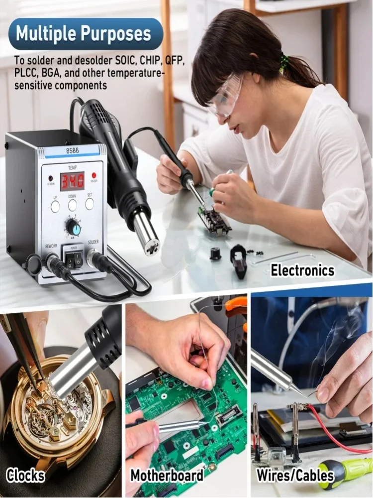 8586 2-in-1 Löt- und Reparaturstation, Digitale Heißluftpistole & Lötkolben-Set, Einstellbare Temperatur, Schlafmodus, SMD-Lötstation für Leiterplattenreparatur