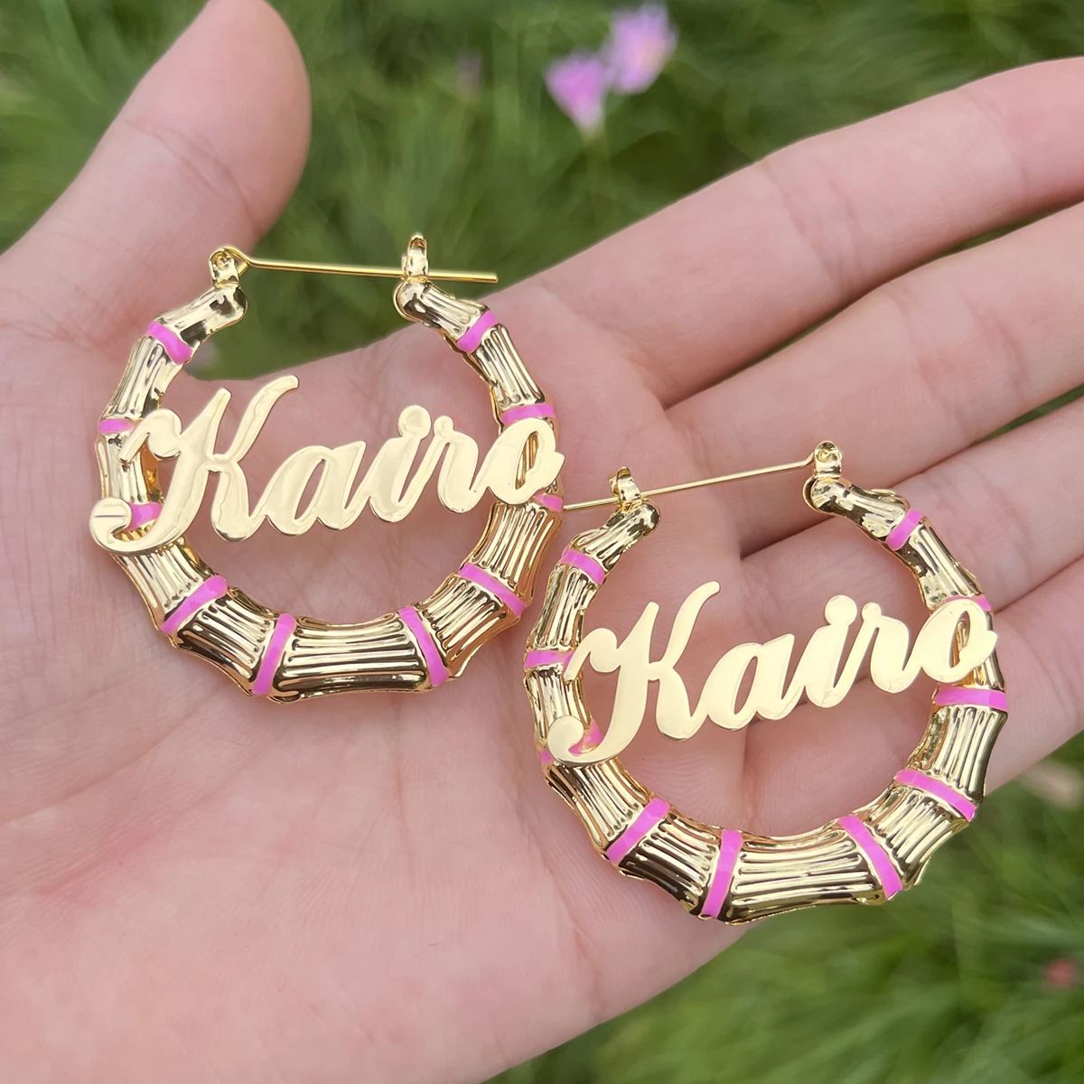 

Personalize Colorful Bamboo Hoop Earring Custom Enamel Colorful Gold Plated Name Earring Sexy Style Hoop Earrings For Women Gift