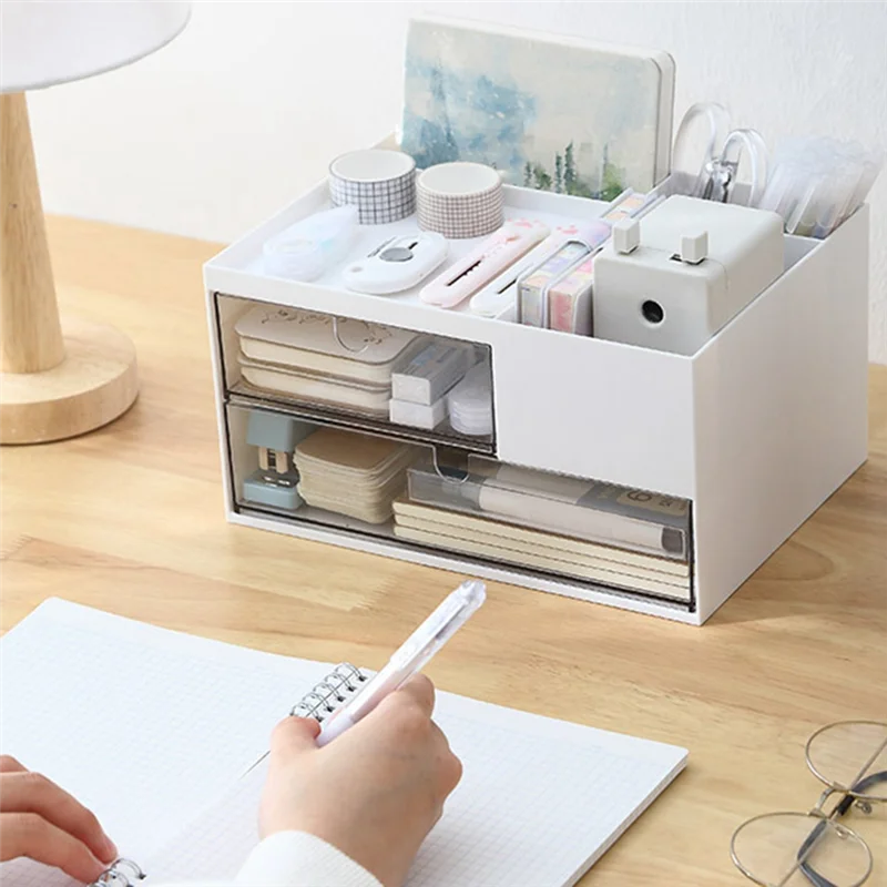 منظم مكتب بلاستيكي لتخزين المكياج مع درجين و4 حجرات، منظم مكتب