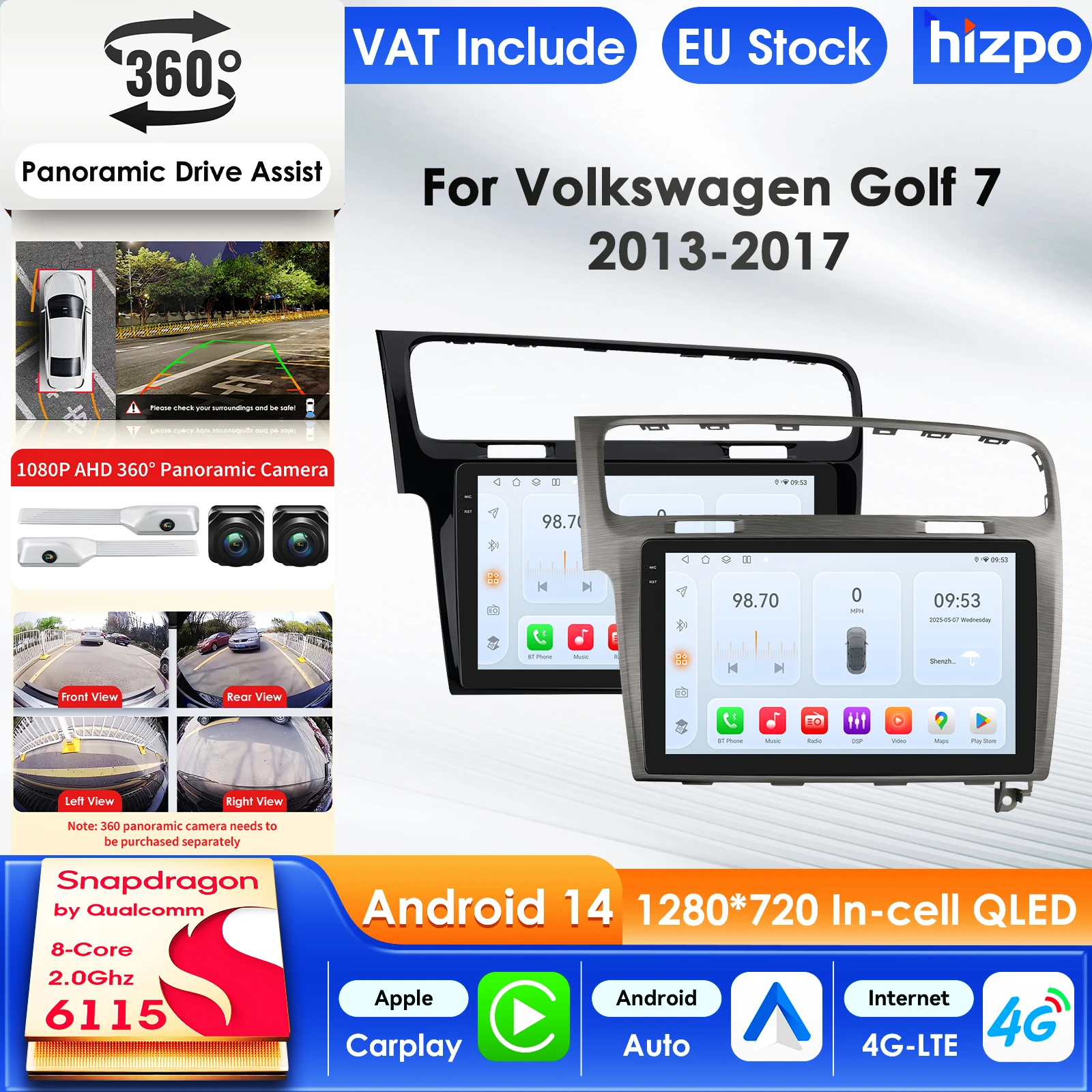Hizpo Carplay 4G 6115 AI-Systeme Android 15 Autoradio für Volkswagen Golf 7 2013-2017 Multimedia-Videoplayer GPS 360-Grad-Kamera 4G 10,1 Zoll Intelligenter Auto-Bildschirm QLED-Display Automotive Head