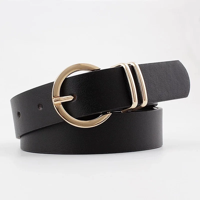 

Imitation Leather Belts for Women Fashion Clothing Accessories Korean Round Metal Buckle Luxury Designer Black Woman Belt 2024