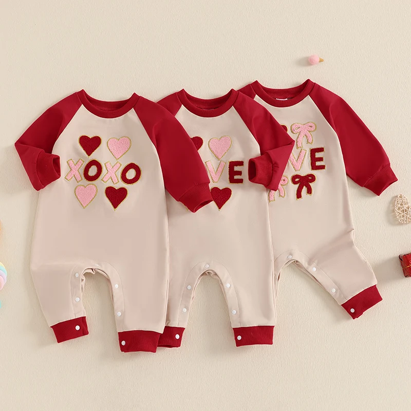

2024-09-09 Lioraitiin Baby Boys Girls Valentines Day Romper Heart Letter Embroidery Long Sleeve Full Length Sweatshirt Jumpsuit
