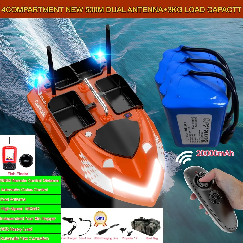 

Радиоуправляемая лодка для прикормки рыбы с 4 независимыми бункерами, загрузкой 3 кг, двойной антенной, круиз-контролем и фиксированной скоростью