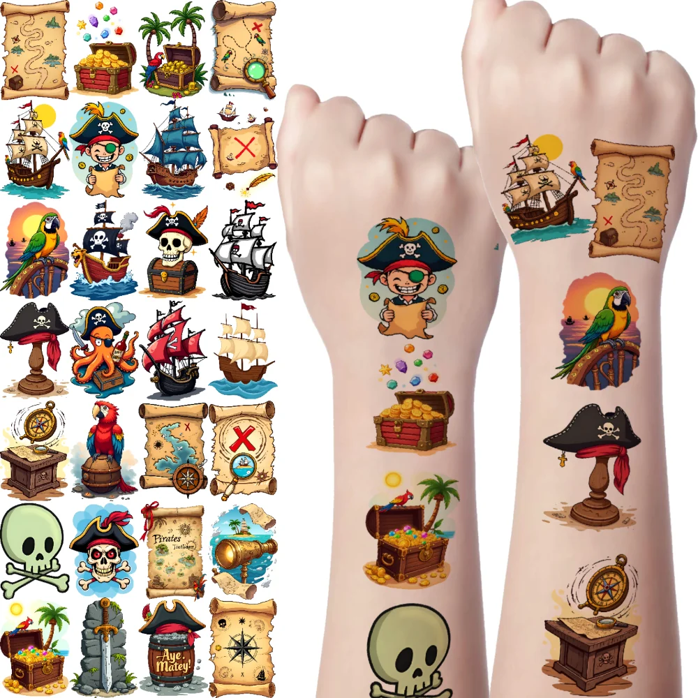

63 шт. временные татуировки сокровища на груди мультфильм пиратский череп попугай временные татуировки наклейки для щек