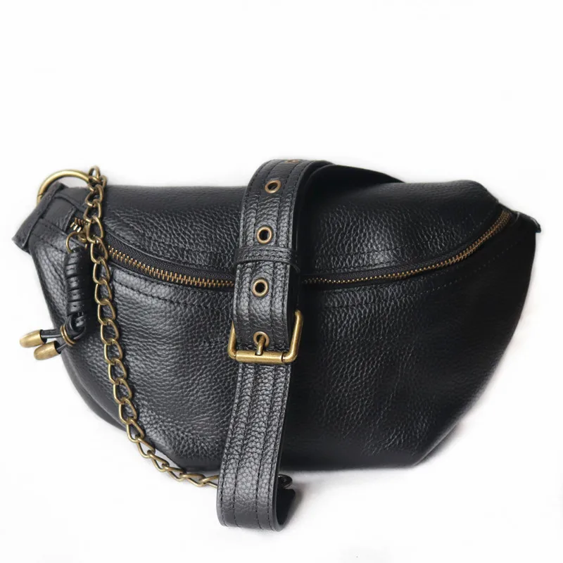 Natural Genuine Leather Women Moon Chest Bag Female Chain Wide Shoulder Strap Shoulder Bags Messenger Cowhide Crossbody Bags