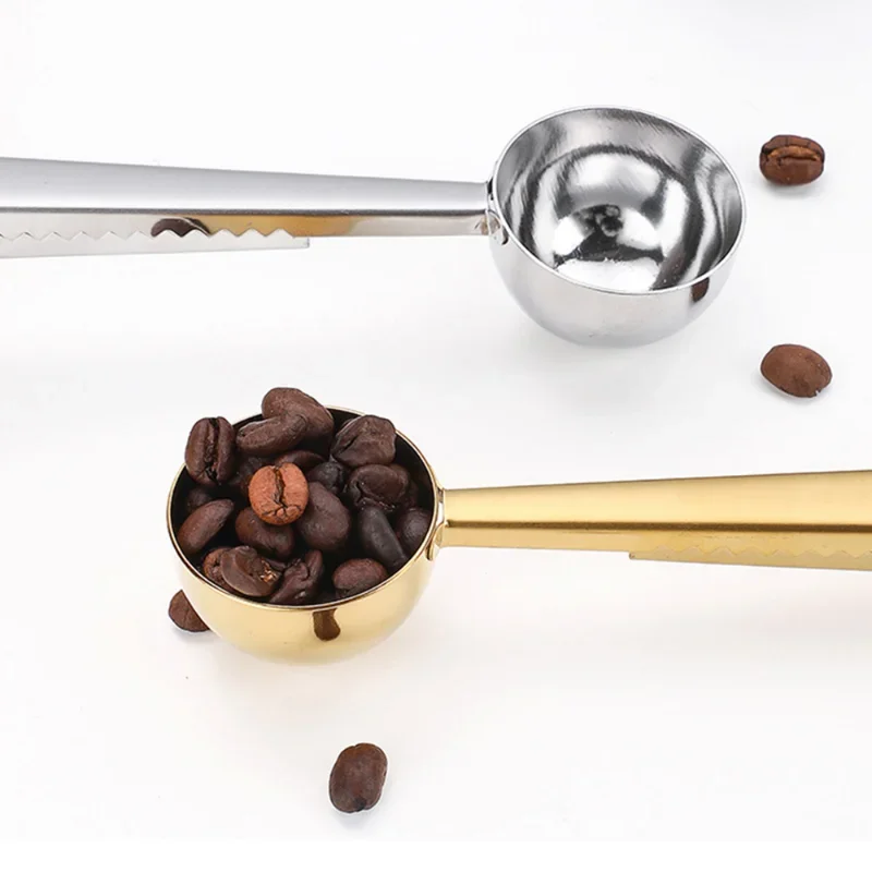 Two-in-one Stainless Steel Coffee Spoon Multi-functional Coffee Bean Measuring Spoon Milk Powder Flour Sealing Clip Spoon